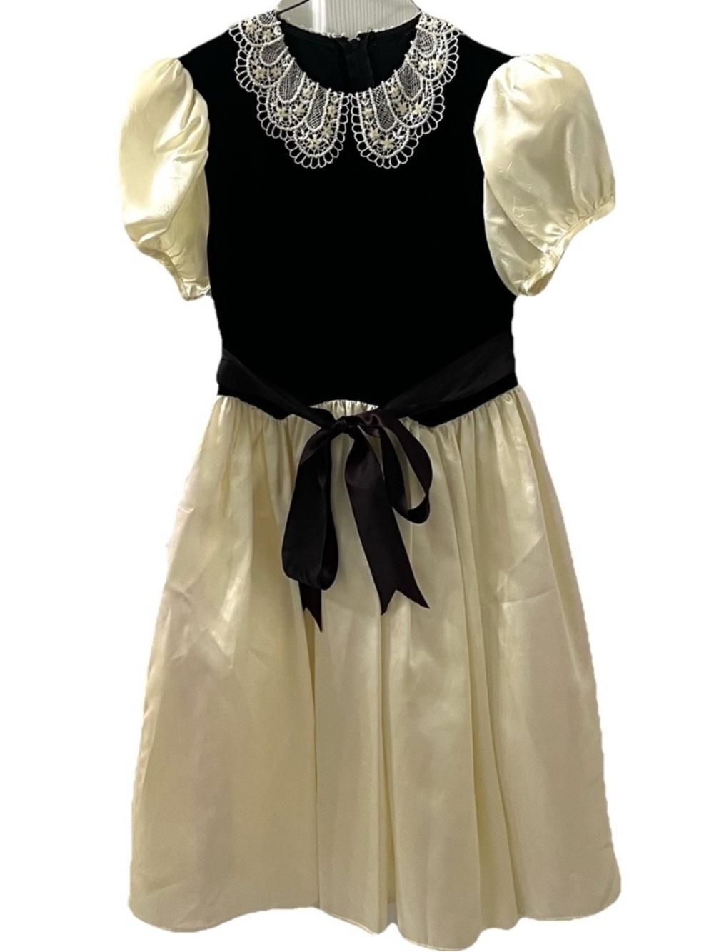 Gunne Sax Vintage Girls Black Velvet Cream Taffeta Puff Sleeves Dress Sz 10